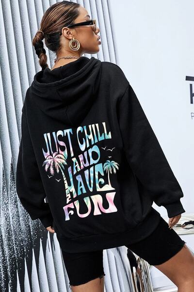 donamod Unisex Oversize doar chill and have fun Hanorac imprimat KP-BLACK-FUN