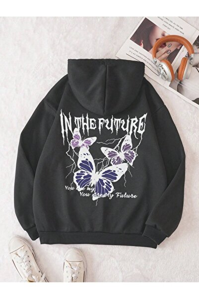 donamod Seria Coke Butterfly & Slogan Graphic Kangaroo Pocket Drawstring Hano...