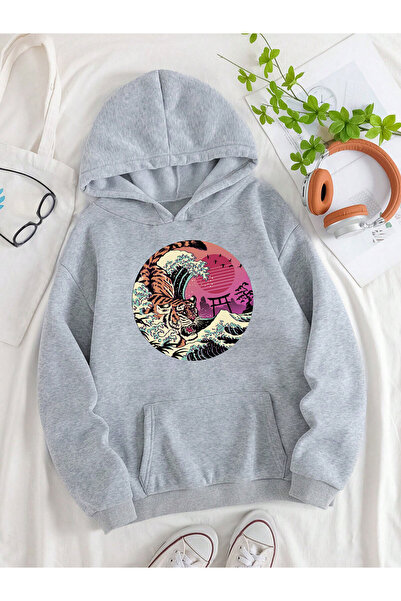donamod Unisex Oversize Hooded Kangaroo Pocket Anime Tiger Printed