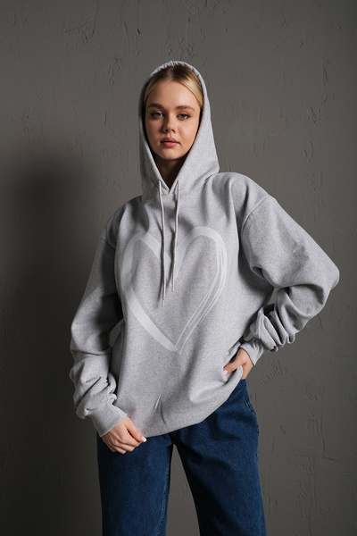 donamod Know Women's Grey Heart cu imprimeu cu glugă Swea tricou TW-KLPBSWT