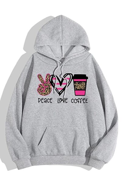 donamod Γυναικείο φούτερ Grey Peace Love Coffee με τύπωμα oversized με κουκού...
