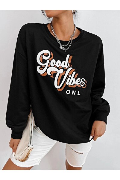 donamod Γυναικείο μαύρο φούτερ Good Vibes με τύπωμα oversized benisengiydirgo...