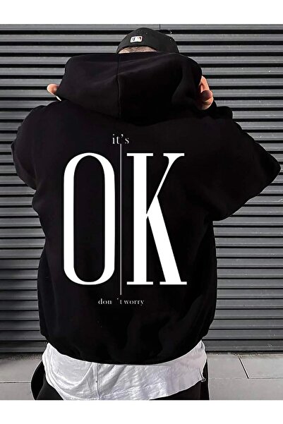 donamod Hanorac negru pentru bărbați İts Ok B cu imprimeu O supradimensionat ...