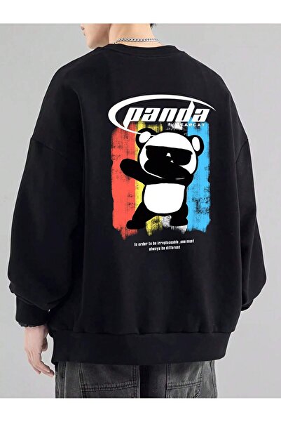 donamod Pulover cu umăr căzut din seria Coko cu slogan și grafic panda din de...