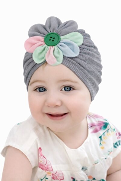 Superbaby Gray turban hat with multicolored flower
