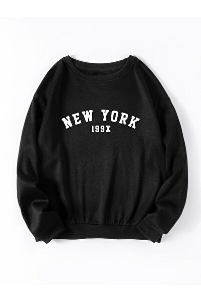 donamod Unisex Negru Newyork 199x cu imprimeu supradimensionat Swea tricou TS...