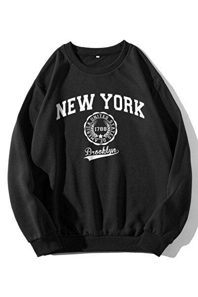 donamod Unisex New York Printed Crew Neck Oversize Μαύρο φούτερ mdgnnewyorkbrown