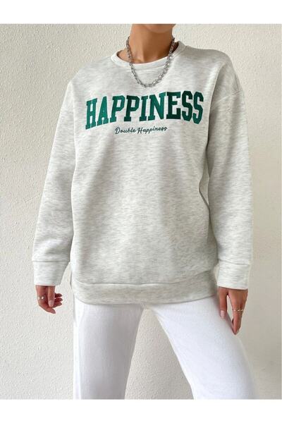 donamod Γυναικείο ανοιχτό γκρι φούτερ Happiness με τύπωμα oversized με λαιμόκ...