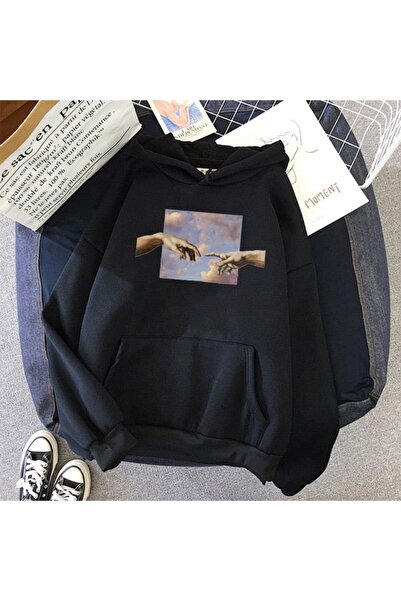 donamod سويت شيرت بقلنسوة أسود كبير الحجم مطبوع عليه سماء يدين Benisengiydiri...