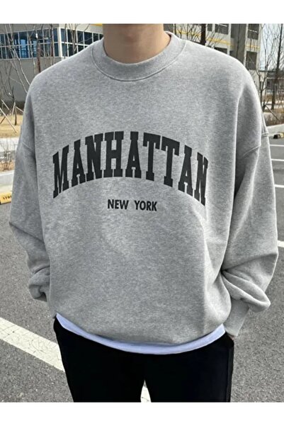 donamod Ανδρικό φούτερ με λαιμόκοψη με στάμπα γκρι Manhattan bsgmanhattansweat