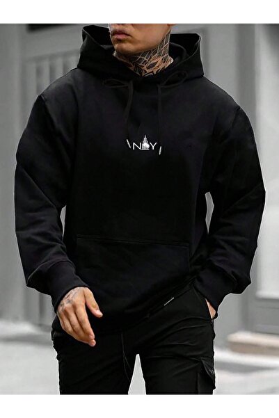 donamod Μαύρο ανδρικό φούτερ με κουκούλα New York με τύπωμα oversized bsgnyku...