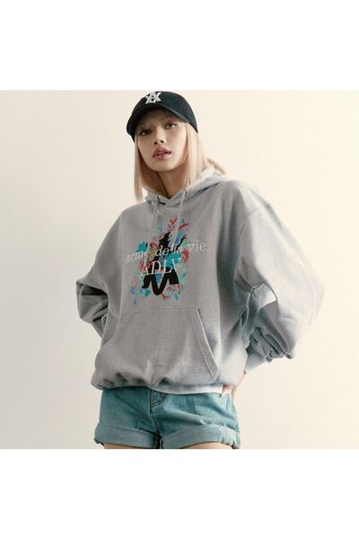 donamod Hanorac supradimensionat cu glugă cu imprimeu Acme gri pentru femei B...