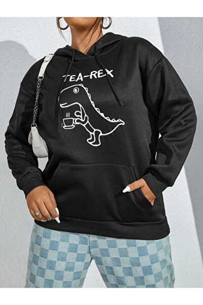donamod Femei Black Tea-rex cu imprimeu supradimensionat cu glugă Swea tricou...