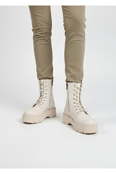 Krowaz Armour Kadın Bej Martines Bağcıklı Fermuarlı Kalın Taban Bot
