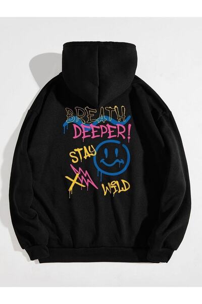 donamod Femei Black Deeper cu imprimeu supradimensionat cu glugă Swea tricou ...