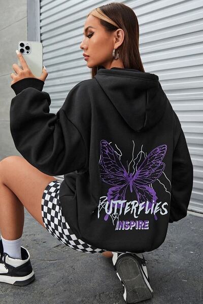 donamod Hanorac unisex cu imprimeu cu litere de fluture KP-negru-violetFluture