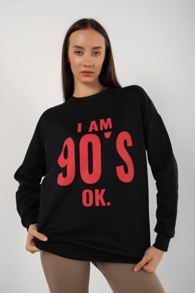 donamod Hanorac negru pentru femei I'm 90's Printed Crew Neck Oversize Hanora...