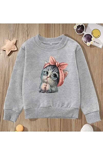 donamod سويت شيرت نسائي كبير الحجم برقبة دائرية وطبعة قطة و3 خيوط