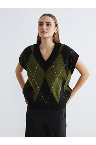 LC Waikiki Siyah Baklava Desenli Kadın Triko Süveter