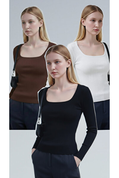 RİEMA Kadın 3 lü Paket Basic %100 Pamuklu fitilli uzun kollu Dar Kesim Uzun K...