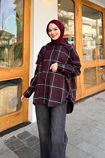 MERVE KAYKISIZ Oversize Oduncu Gömlek Bordo