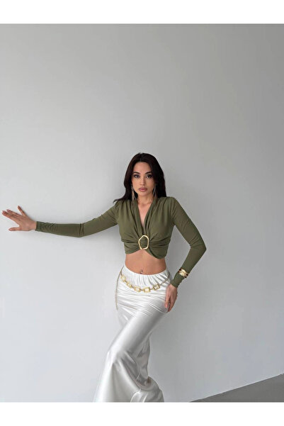 MetuCA Women's Khaki V-Neck Long Sleeve Double Layer Sandy Crop Blouse with R...