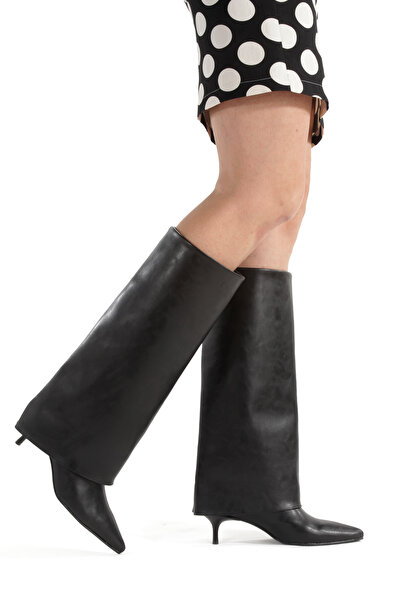 MİNNACE حذاء طويل أسود اللون بمقدمة مدببة وكعب رفيع 5 سم للموسم الجديد