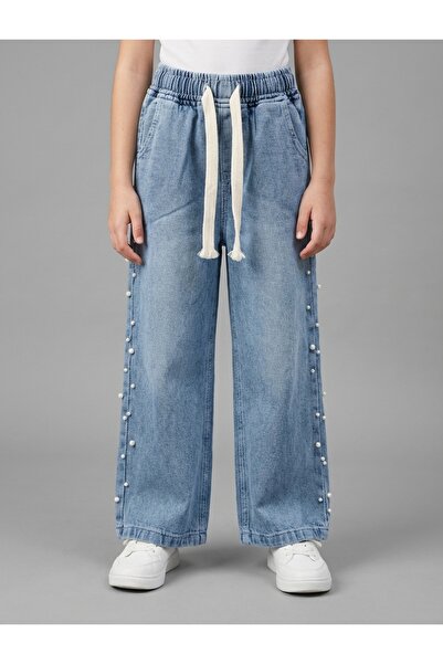 Flamingo Kız Çocuk Yanı İncili Beli Lastikli Likralı Kalın Kot Pantolon