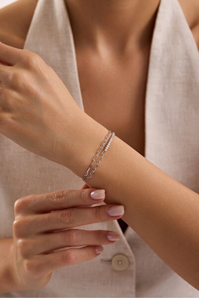 Nereze 925 Ayar Gümüş Rodyum Kaplama Çift Zincirli 2 mm Taşlı Suyolu Model Bi...