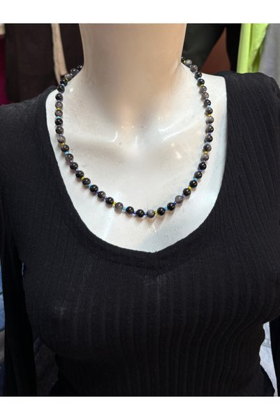 ayrestyle Obsidian Natural Stone Long Necklace 55 Cm, Protection Necklace, Women's Choker
