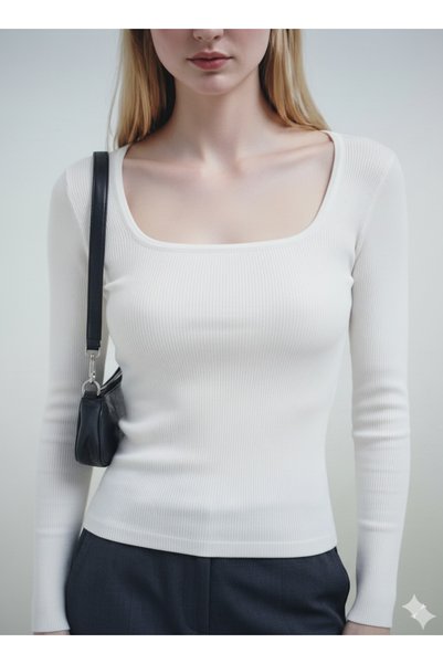 RİEMA Women's 3-Pack Basic 100% Cotton Corded Fabric Long-Sleeved Slim Fit Long Sleeve U-Neck Blouse,Crop,Body