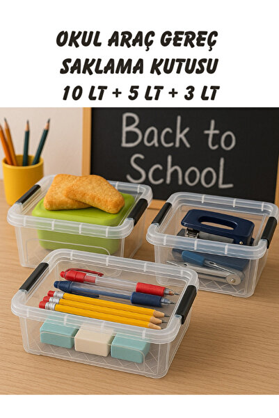 Loremp Kırtasiye Okul Araç Gerek Saklama Kutusu 10 LT + 5 LT + 3 LT Şeffaf