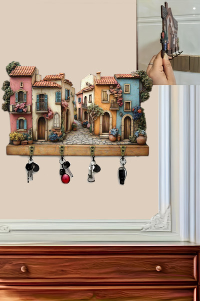 kutuTR Akdeniz Evleri Temalı Anahtarlık & Mutfak Askılığı – Dekoratif Duvar A...