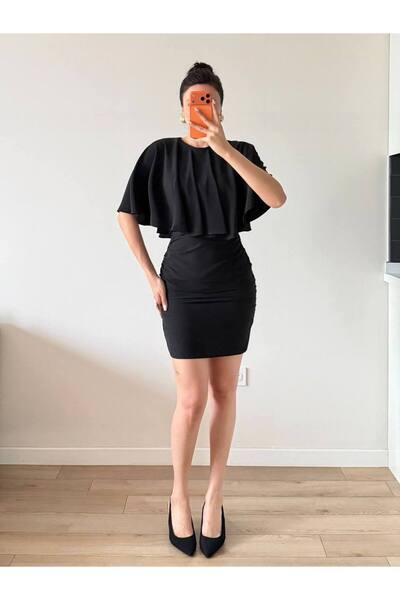 LOCH BUTİK Women's Black Cape Mini Dress