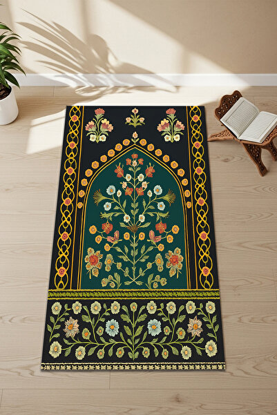 Etnik Dekor Black Background Colorful Flowers Patterned Digital Printing Non-...