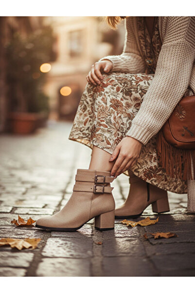 LC Waikiki Women's hermina double buckle beige suede ankle boots
