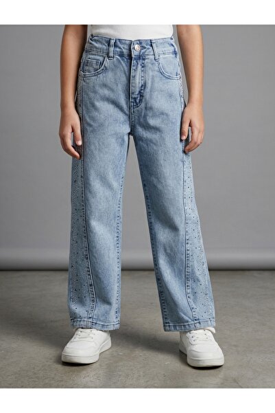 Tati Girl's Stretch Fabric Thick Denim Pants with Stones on the Sides