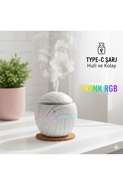 PRİME HOME Şarjlı Oval Hava Nemlendirici - 7 Renk RGB Işıklı Difüzör - Type-C...
