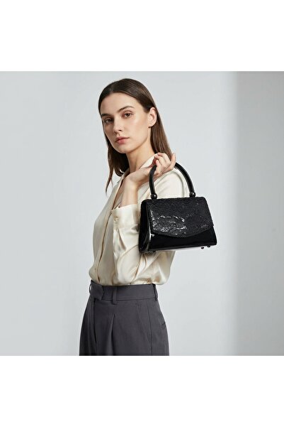 Letafia Dalida Patent Leather Lace Detailed Handle Bag Black