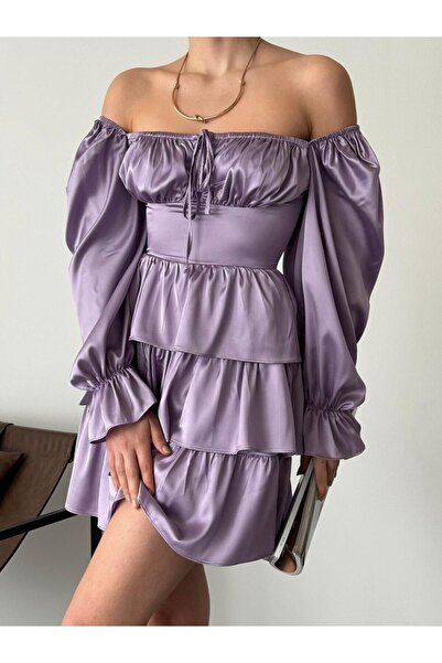 hillone Rochie midi stratificată cu mânecă balon din material satinat