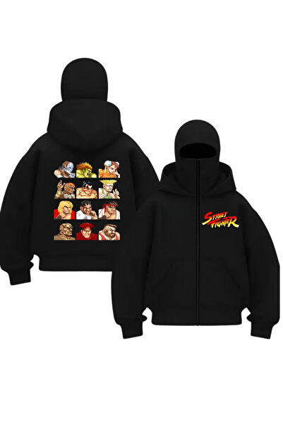 Le Savu Street Fighter Printed Unisex Hooded Zippered Oversized Black Sweatsh...