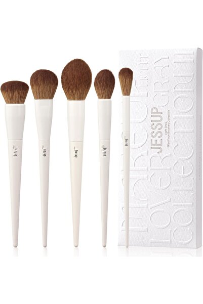 Jessup Makeup Brush Set 5Pcs Light Grey Face Makeup Brushes Vegan Soft Founda...