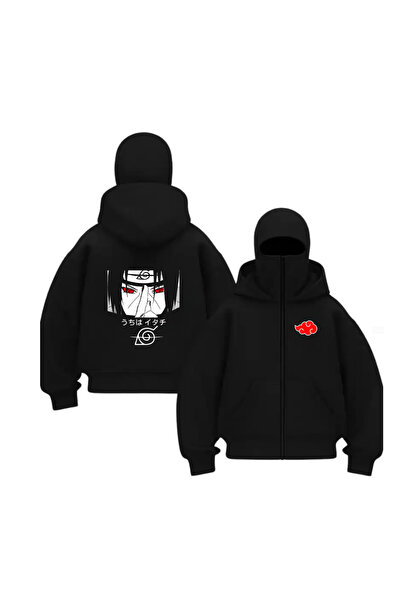 Le Savu Anime Naruto Series Printed Unisex Hooded Zippered Oversized Black Sw...