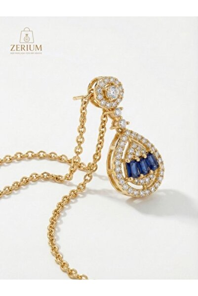 ZERİUM Women's Steel Necklace Gold Color Sapphire Blue Drop Model Elite Series