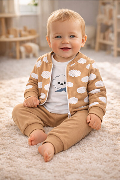 Bebişto Cloud Patterned Zippered Baby Set 100% Cotton Camel Set of 3 (Jacket ...