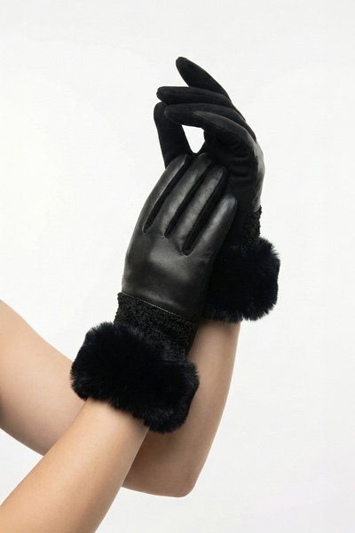 robanu Women's Black Lambswool Fur, Suede with Plush Fur Cuffs and Leather-Lo...