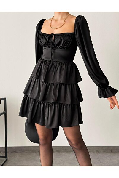 hillone Μίντι φόρεμα με διπλό μανίκι από σατέν ύφασμα