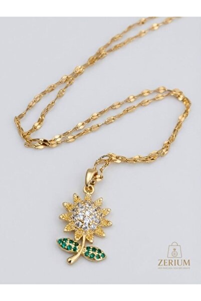 ZERİUM Sunflower Figured Steel Necklace Gold Color Zircon Stone Premium