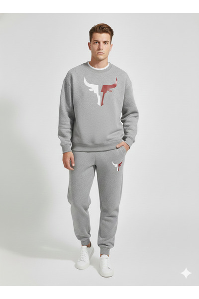 WOODROFFE Unisex Bull Horn Printed Crew Neck Bottom Top Gray Black O Oversize...