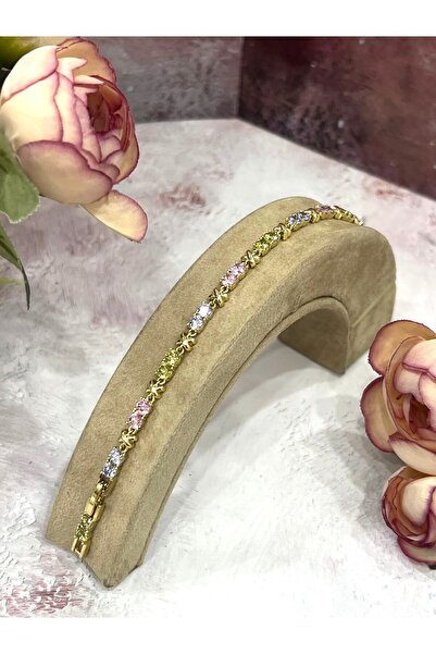 Xox Renkli Zirkon Taşlı Çelik Bileklik 0,4mm Taş (14K Gold /16- 18CM)